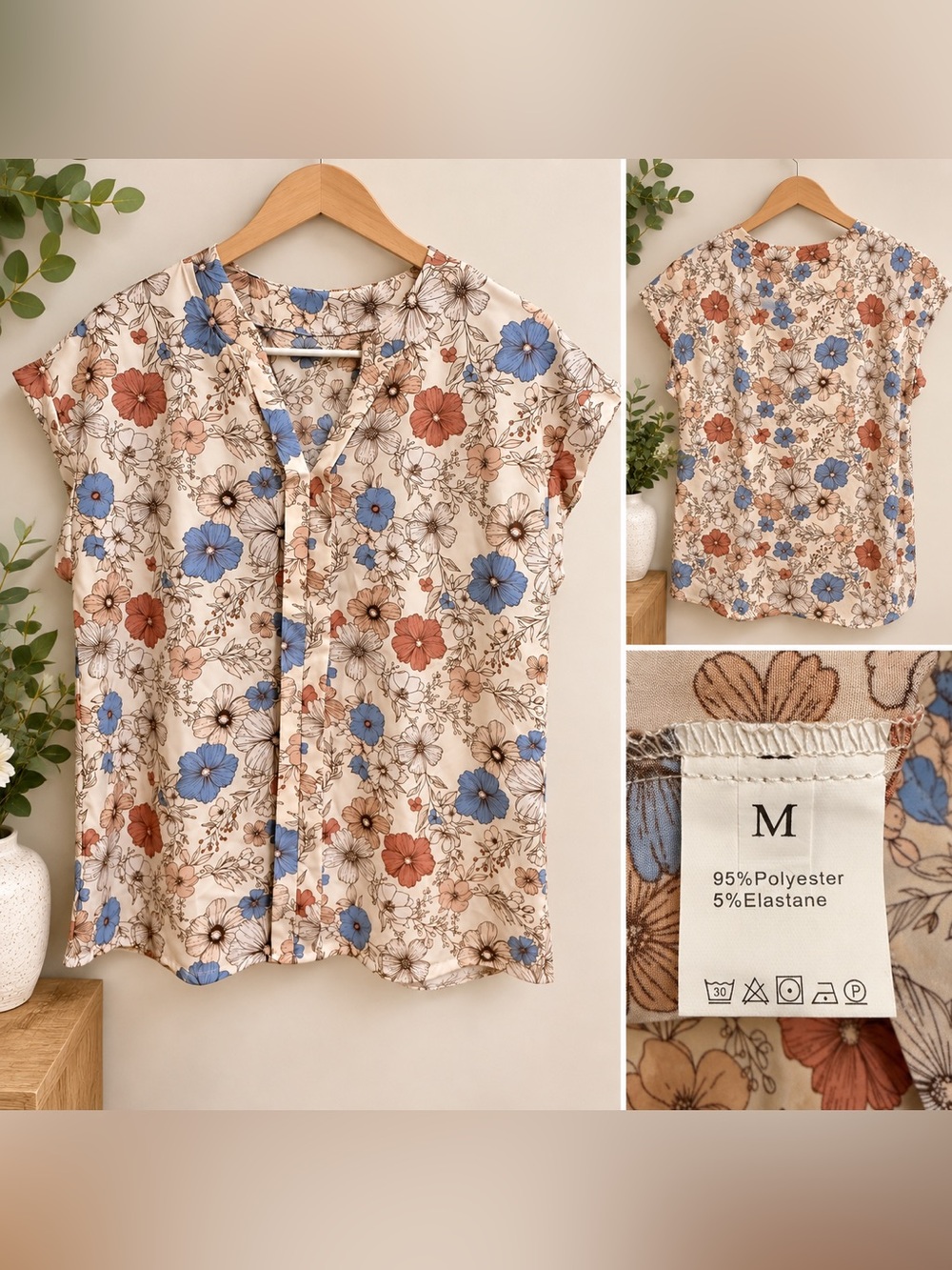 Women’s Floral Blouse Size M Cream Blue Rust Short Sleeve V Neck Top